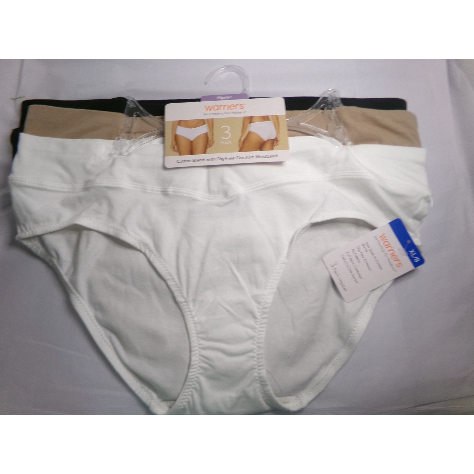 Warners No Pinching No Problems Hipster Panties 3 Pack XL White Tan Black Cotton