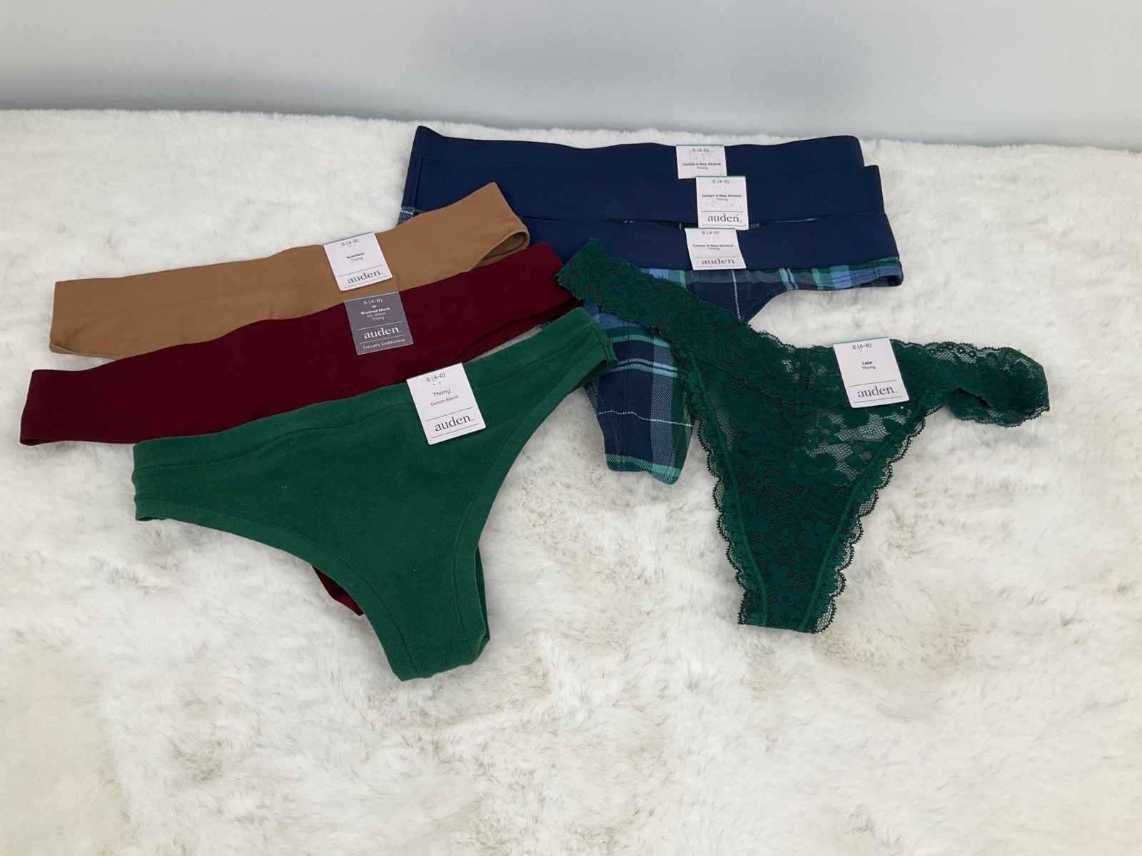 Auden 7-pair size Small 4-6 Thong Panty Seamless, Cotton, Lace NEW