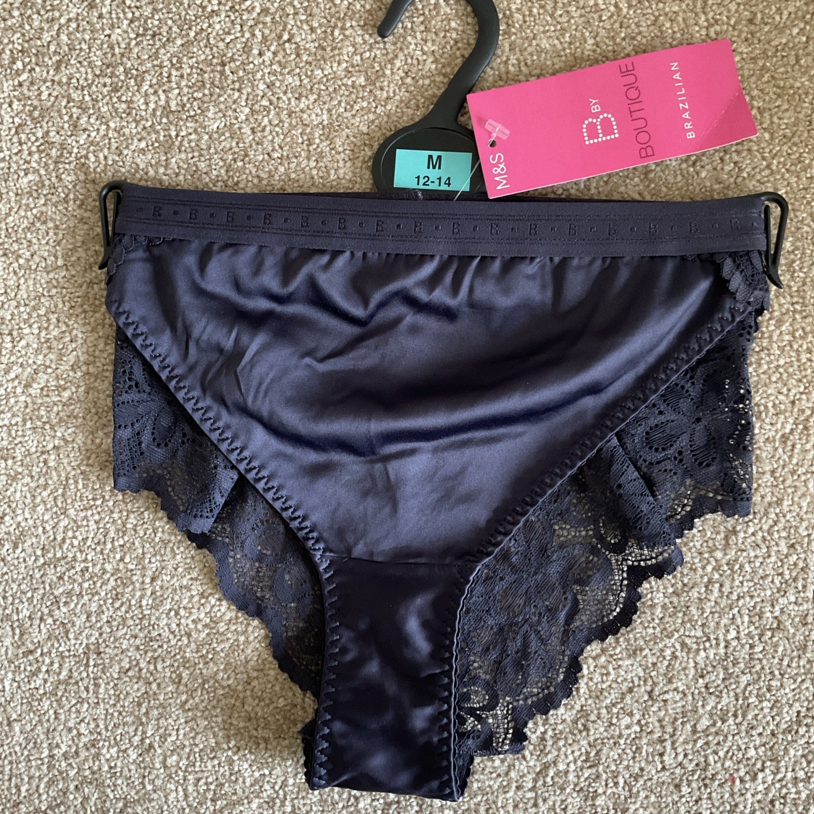 M&S Size MEDIUM 12-14 Boutique Satin Brazilian Knickers Carbon Grey Soft Silky M