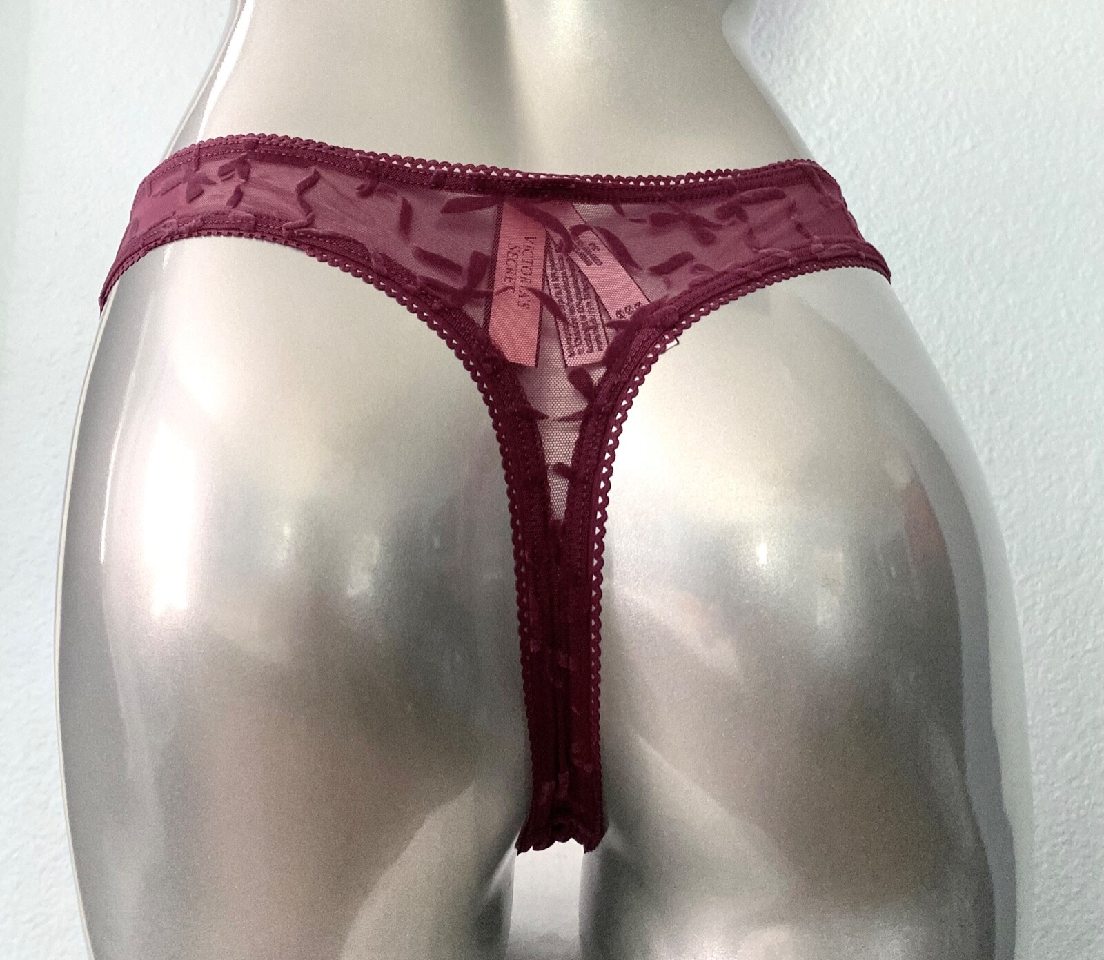 Victoria’s Secret Thong Panty Very Berry Sheer Mesh Velvet Flocked Sexy L XL