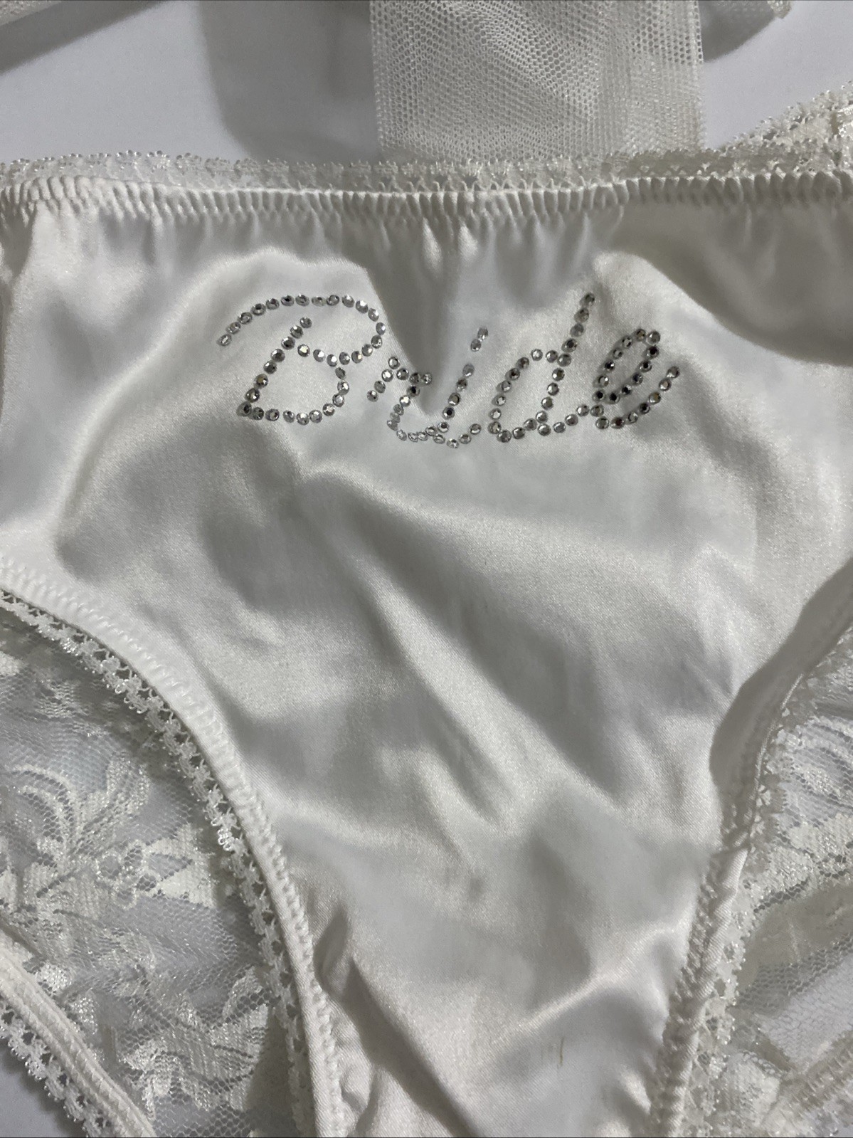 Victorias Secret I DO White Bride Bikini Panties Small Satin Lace V Lace-up Back