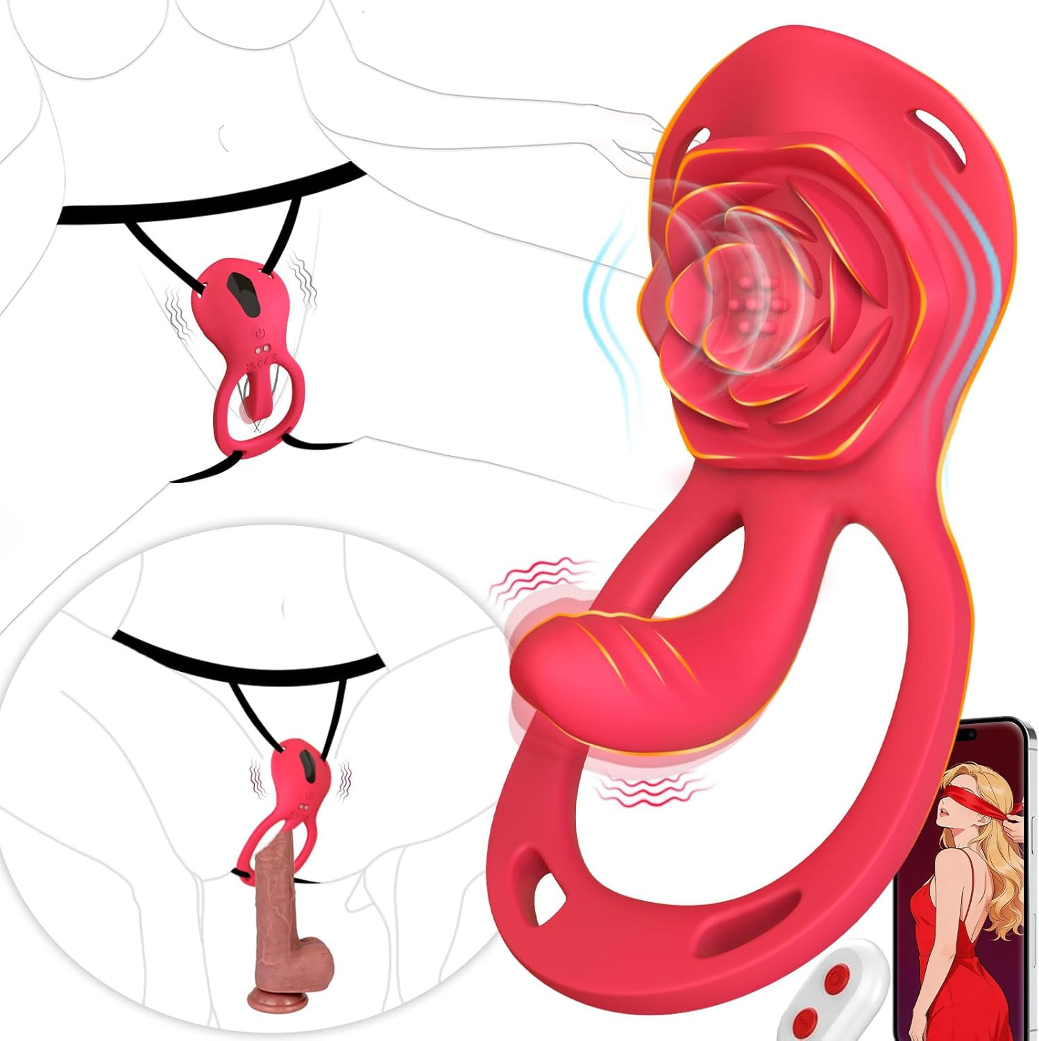Rose Mini Wearable Vibrator with Finger Stimulator, Hands Free Vibrating Strap o