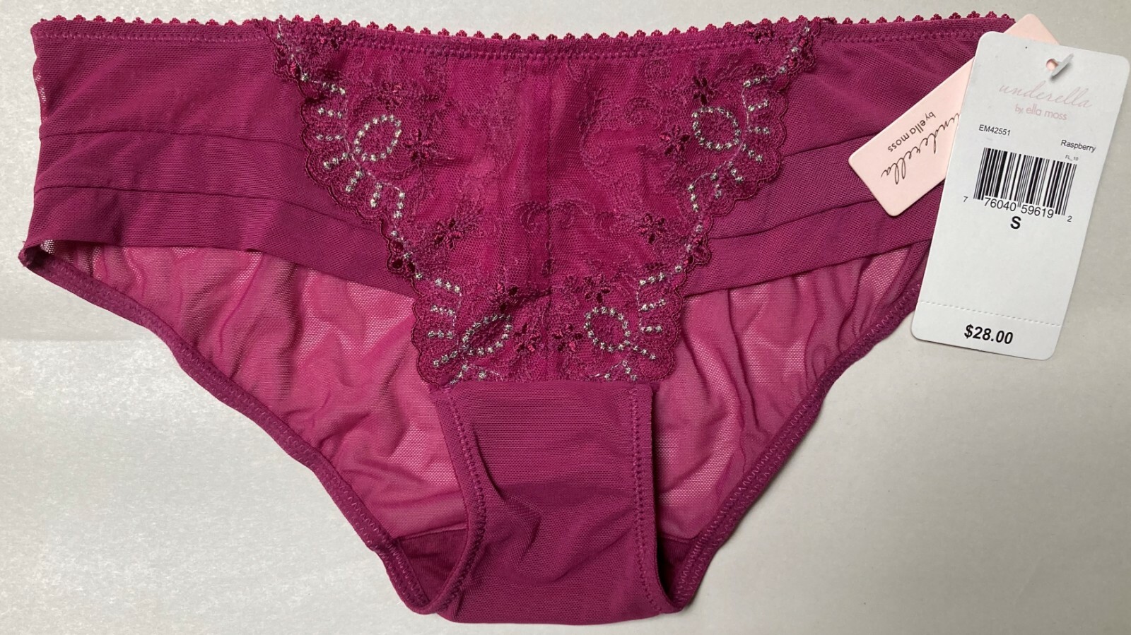 NWT UNDERELLA BY ELLA MOSS LACE TRIM RASPBERRY BIKINI PANTY EM42551 SMALL $28
