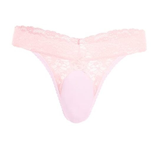 Men’s Lace Frilly Sissy Thong Panties Sheer Mesh XX-Large Pink-glossy Pouch