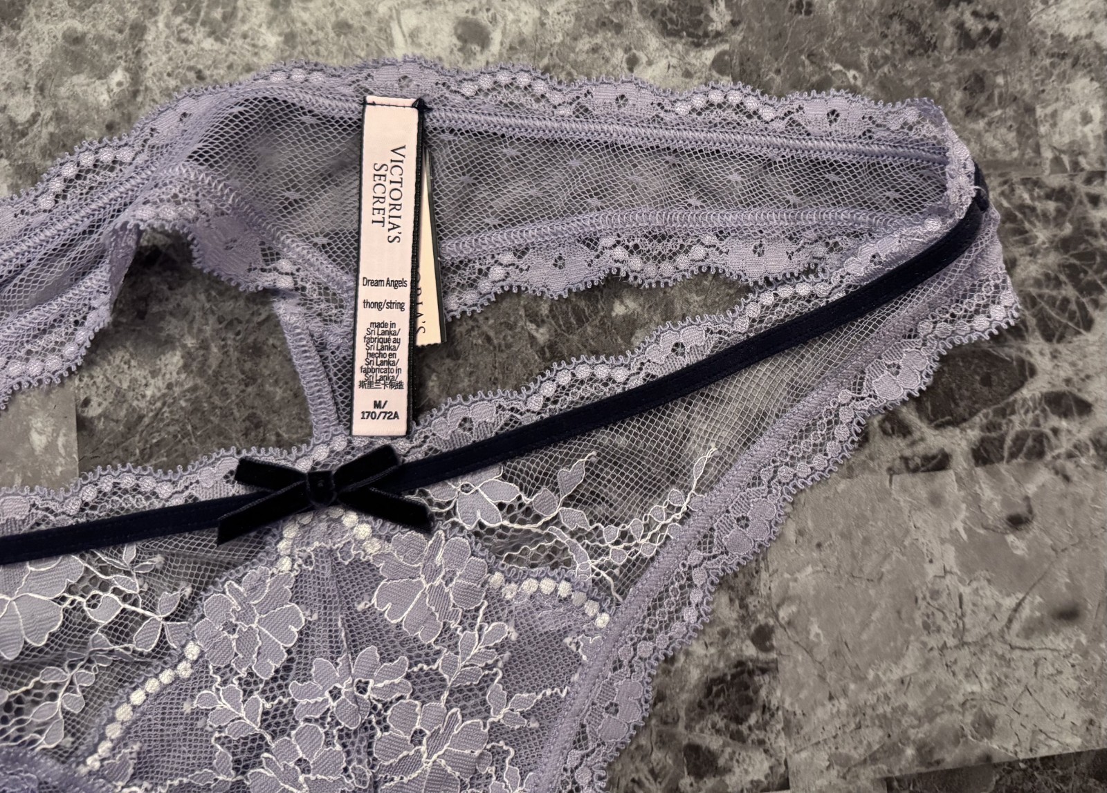 NWT VICTORIA’S SECRET DREAM ANGELS M LAVENDER FLORAL LACE MESH THONG PANTIES