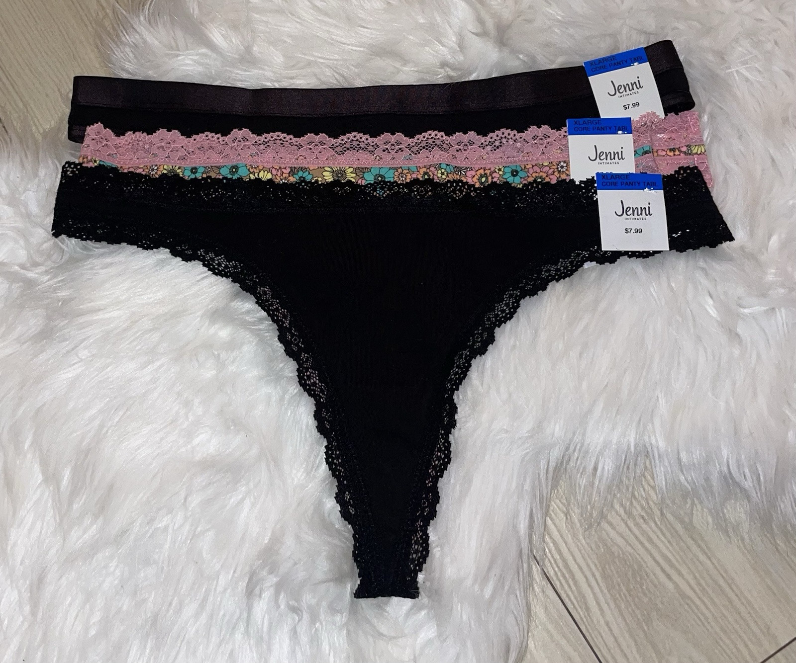 3 Pairs Jenni Cotton Thong Panties Lace Trim Solid Floral Womens XL XLarge