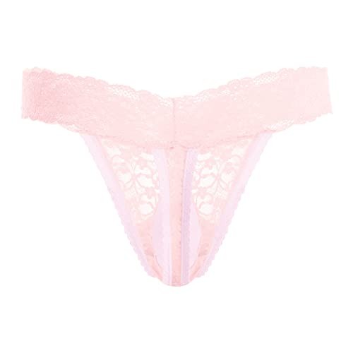Men’s Lace Frilly Sissy Thong Panties Sheer Mesh XX-Large Pink-glossy Pouch
