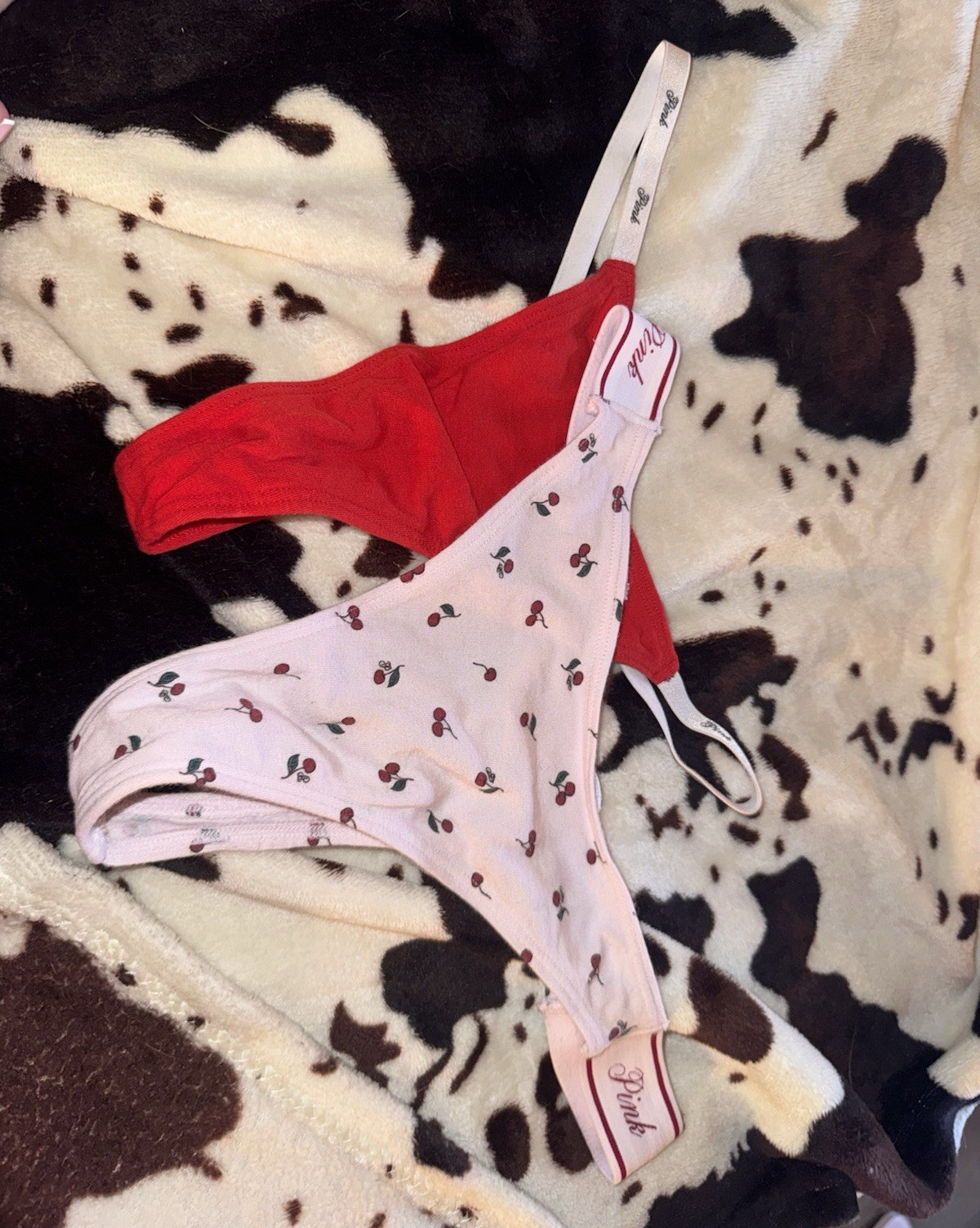 PINK Women’s Thong/String Panties 2-Pack Cherry Print Pink/Red Cotton M