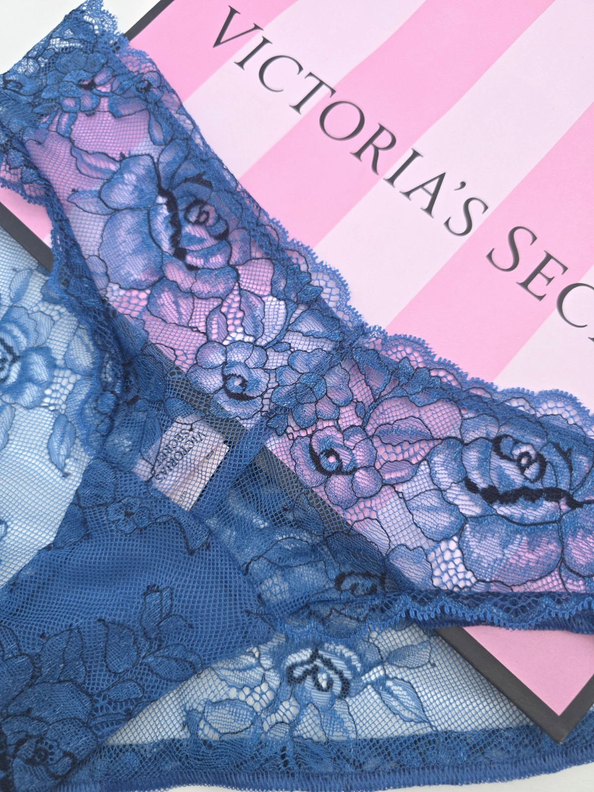 Victoria’s Secret Very Sexy NWT Small S Denim Blue Lace Cheeky Panty Sheer