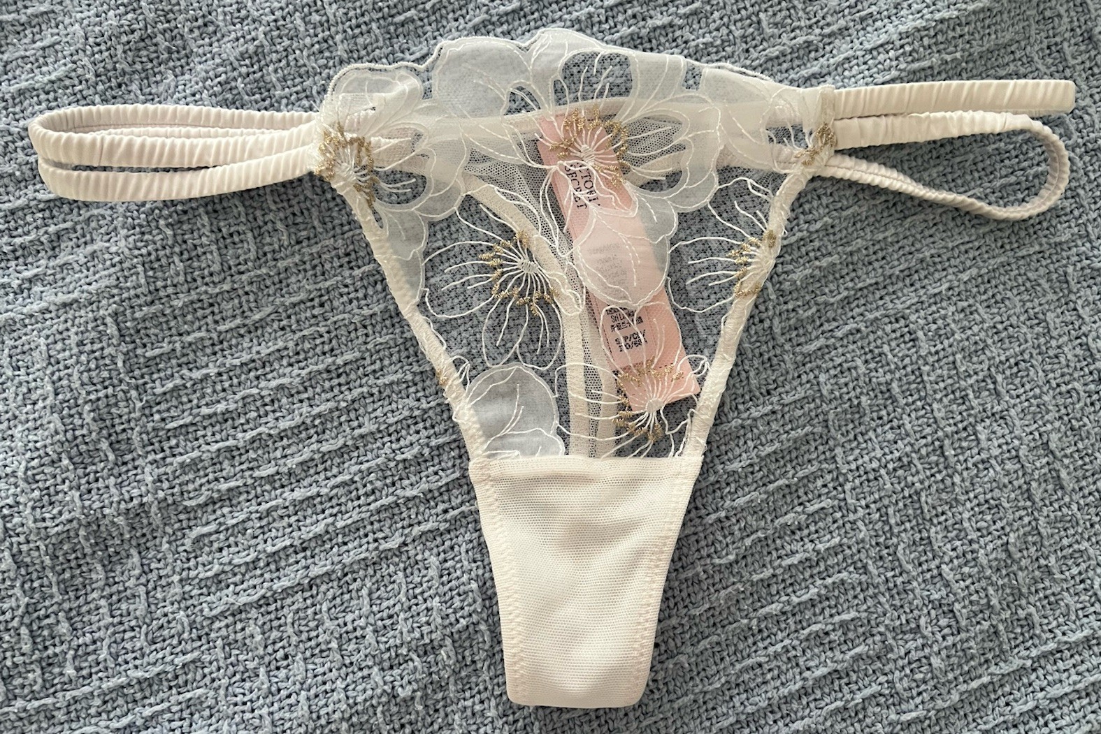 NWT Victoria’s Secret Double Strap Lace Mesh Thong Panty White Gold Bridal Small