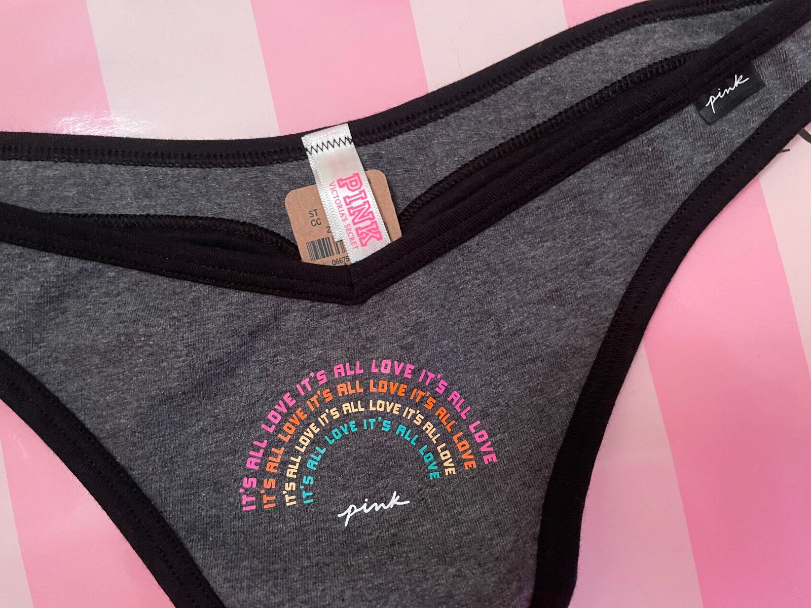 NWT VICTORIA’S SECRET PINK GRAY ORANGE GREEN RAINBOW IT’S ALL LOVE THONG PANTIES