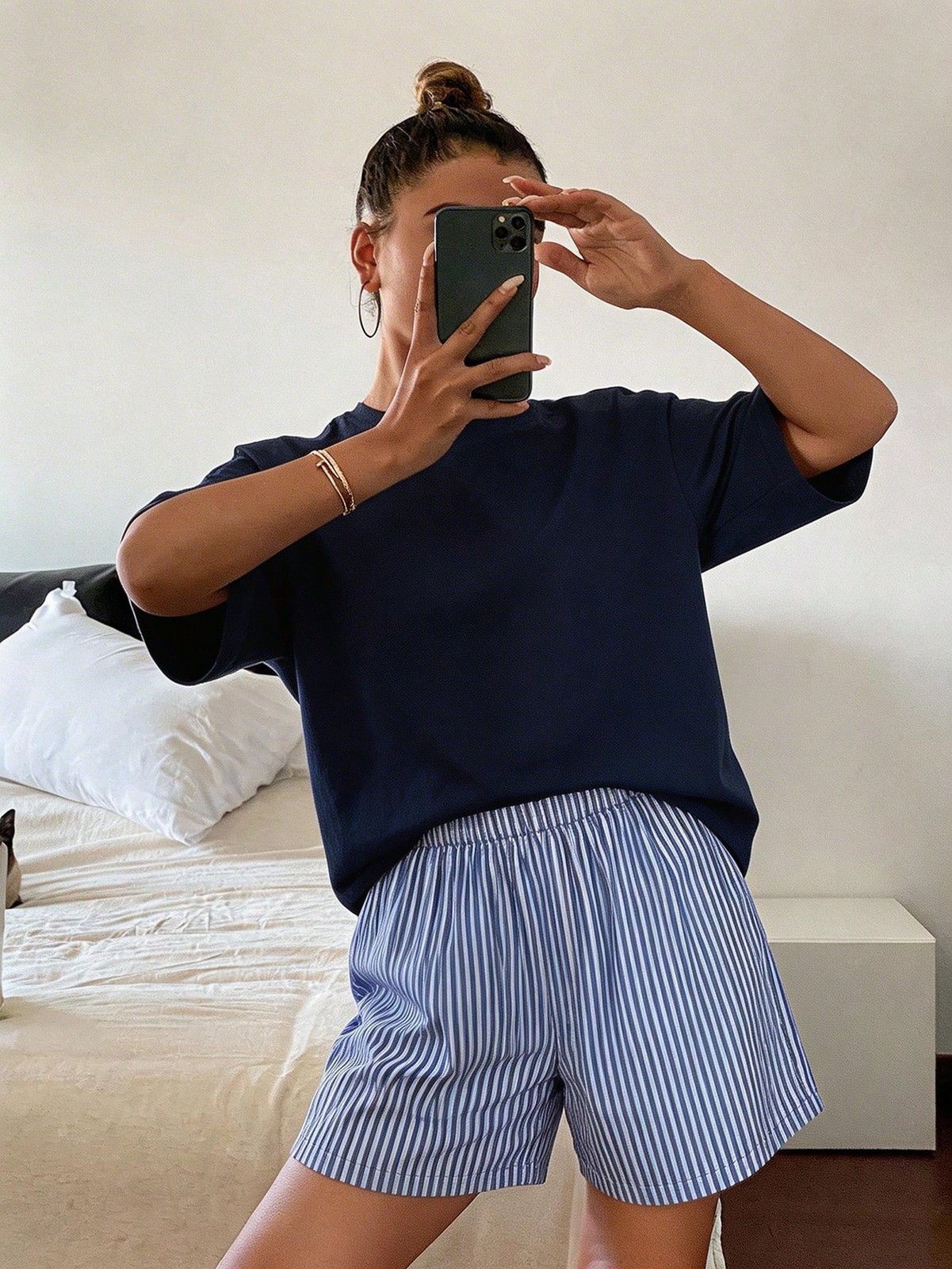 Ladies Comfortable Loungewear Set With T Shirt And Striped Shorts Cheap24