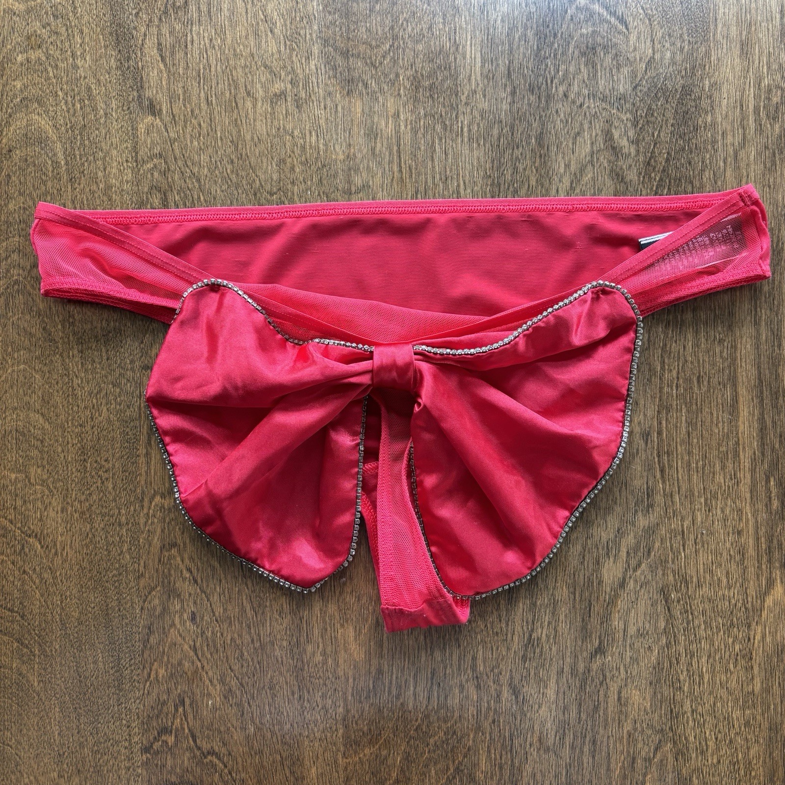 Victoria’s Secret Thong Panty Silky Rhinestones Gem Bow Red Shiny Large NWOT