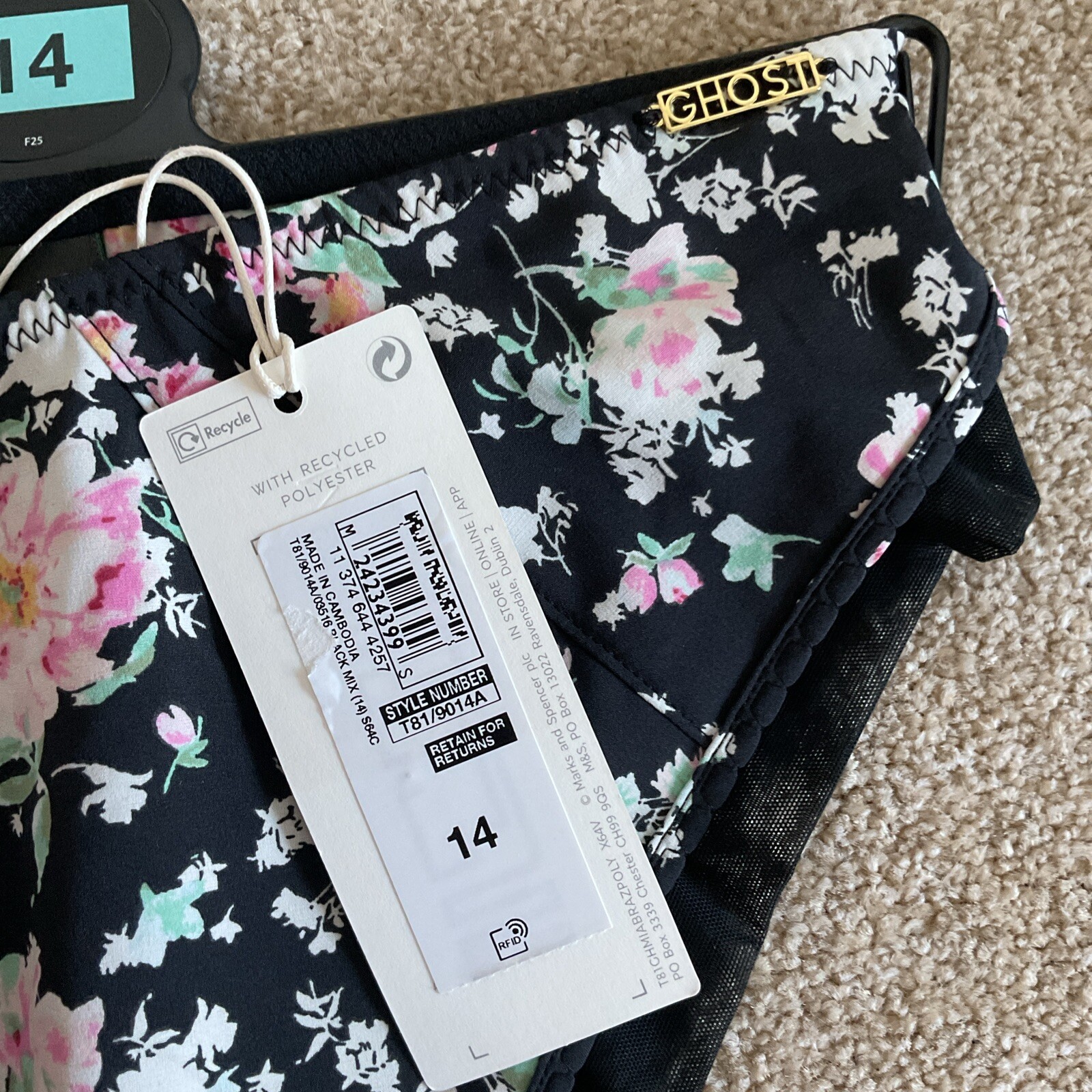 M&S Size 14 X Ghost Pretty Miami Brazilian Knickers Black Mix Pink Floral Soft