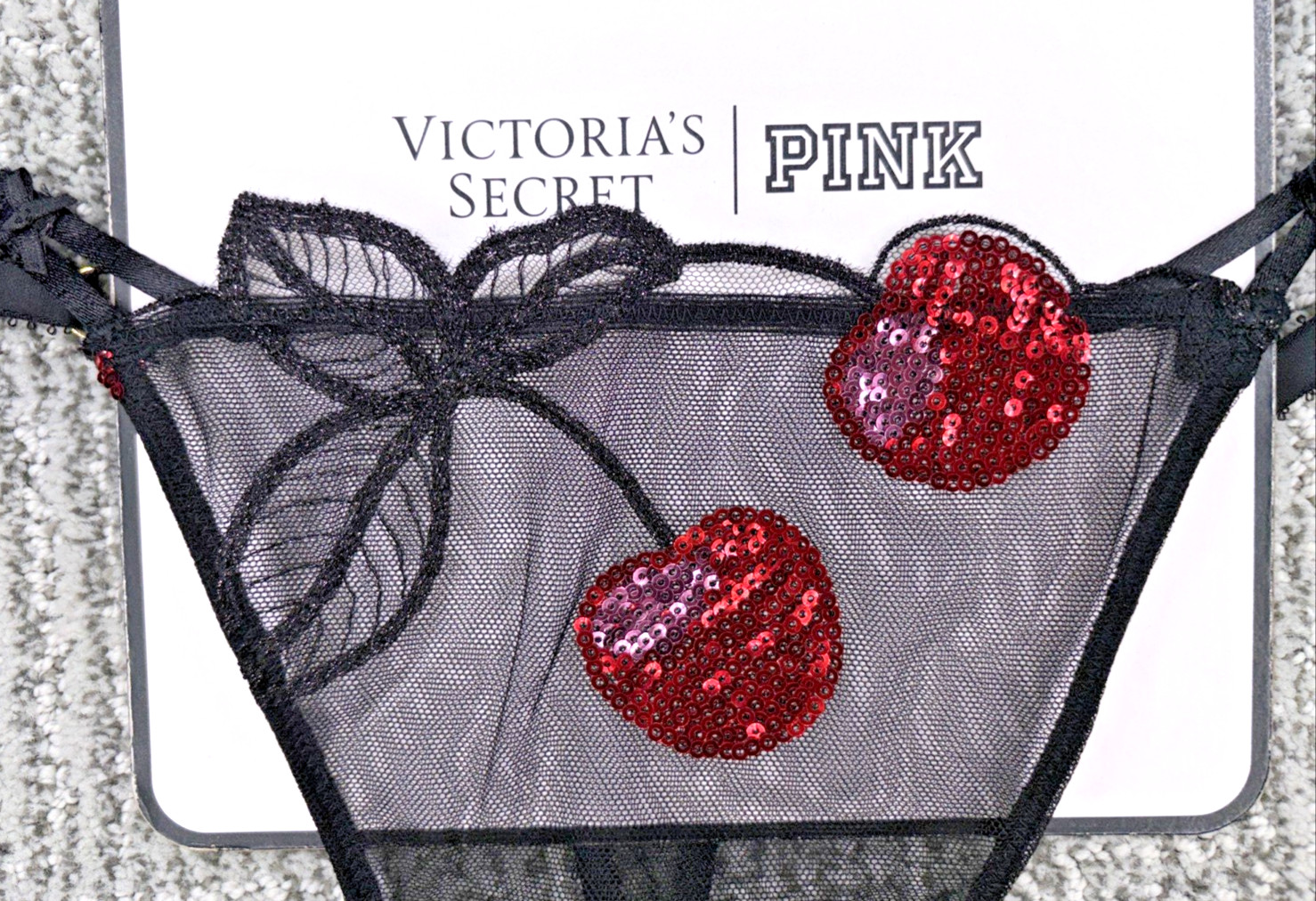 Victorias Secret Very Sexy NWT Medium Black Cherry Sequin Sheer Mesh Thong Panty