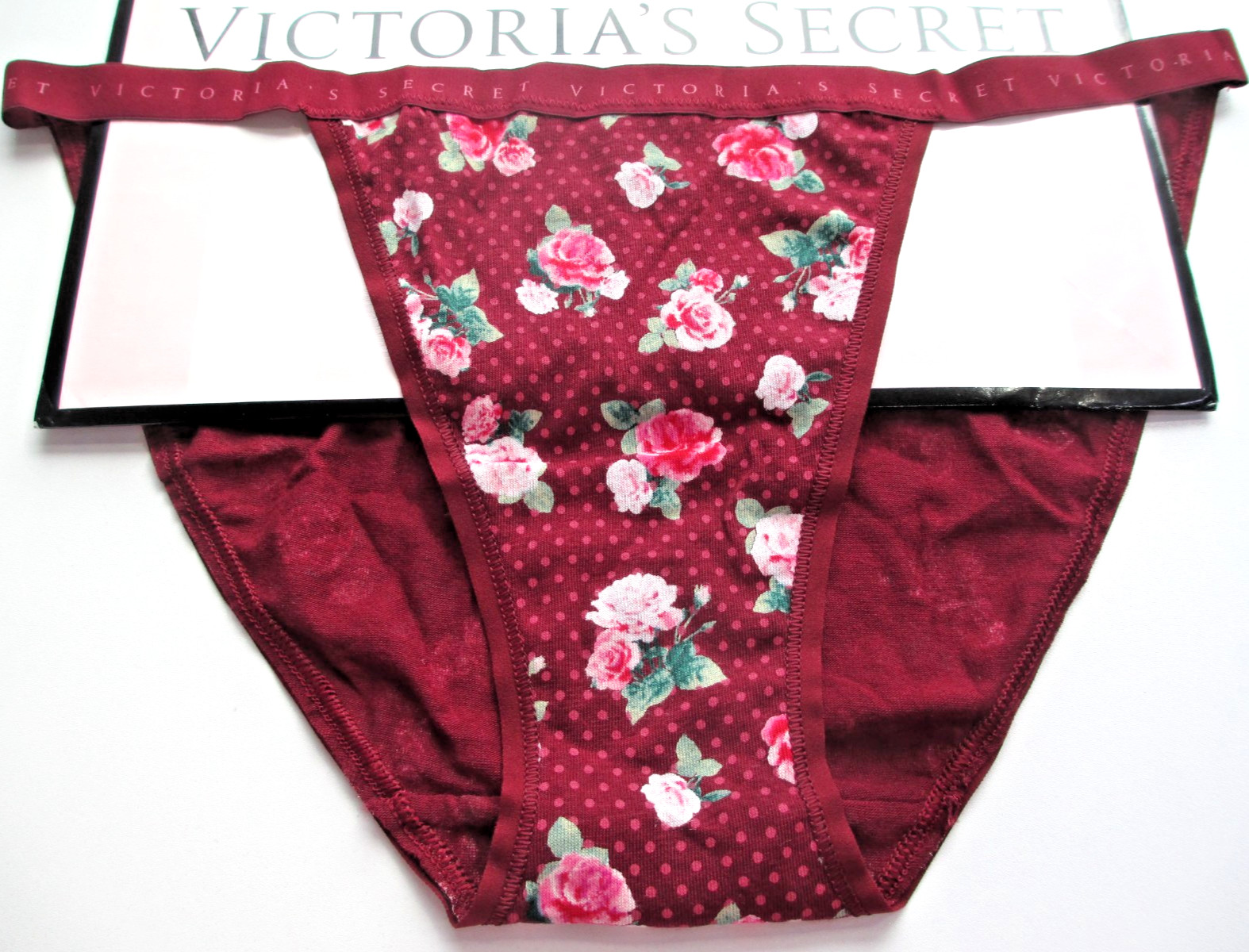 VICTORIA’S SECRET Cotton String Bikini Panty S Sangria Red NWT Floral Dot VS