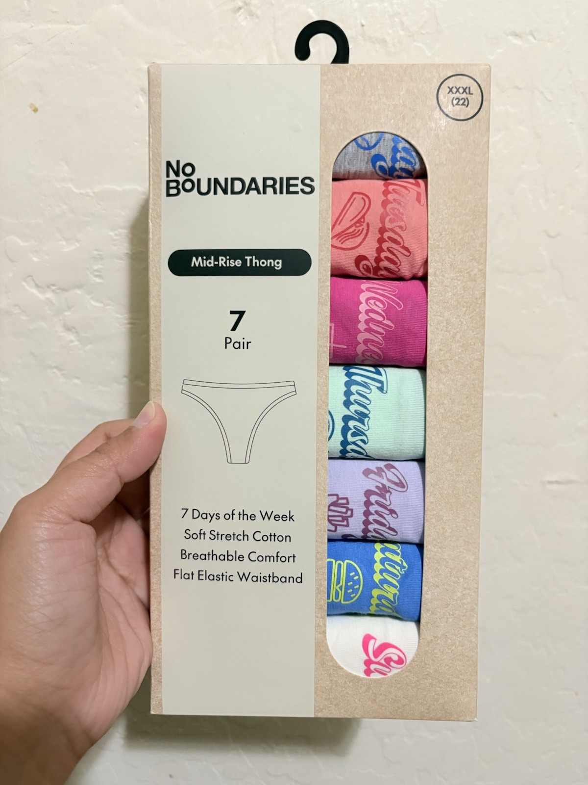 2 Box of No Boundaries Women’s Mid-Rise Thong Panties Cotton Stretch 7-Pack XXXL