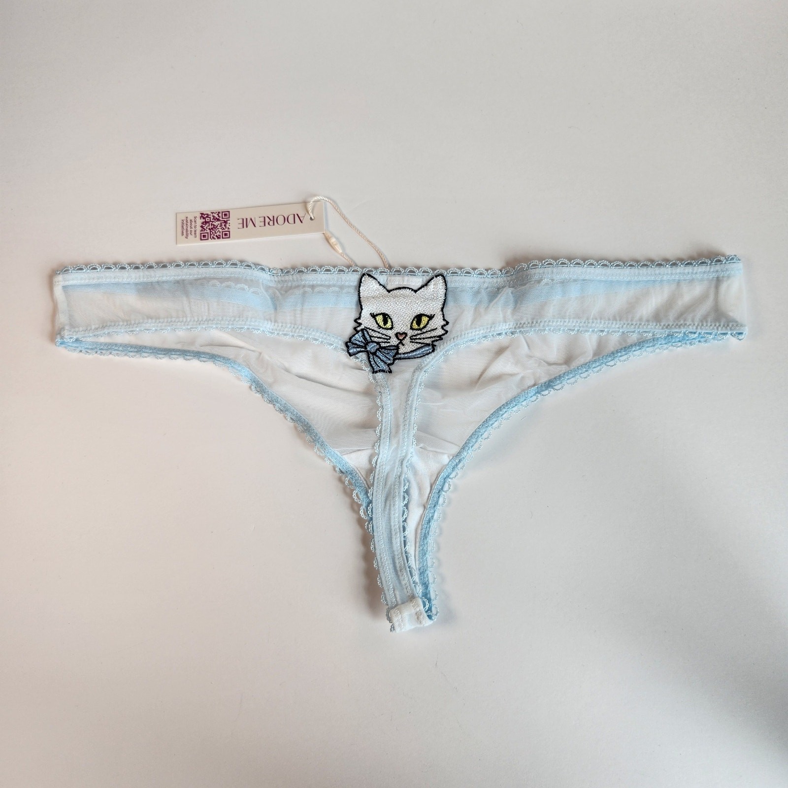 Adore Me Cute Blue Mesh Kitty Cat Thong – Medium – Coquette Kawaii Lingerie