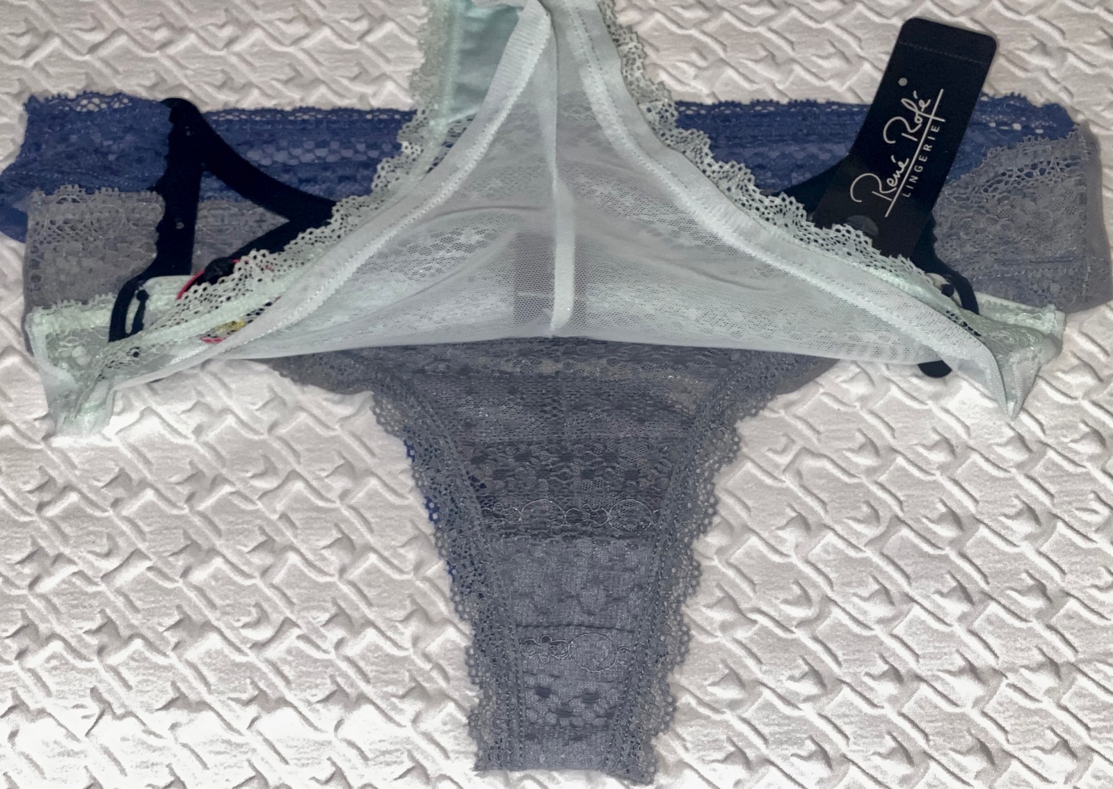 RENE ROFE 3 Pack Lace Trim Mint Green Blue Grey Mesh Thong Panty Womens M 6 L 7