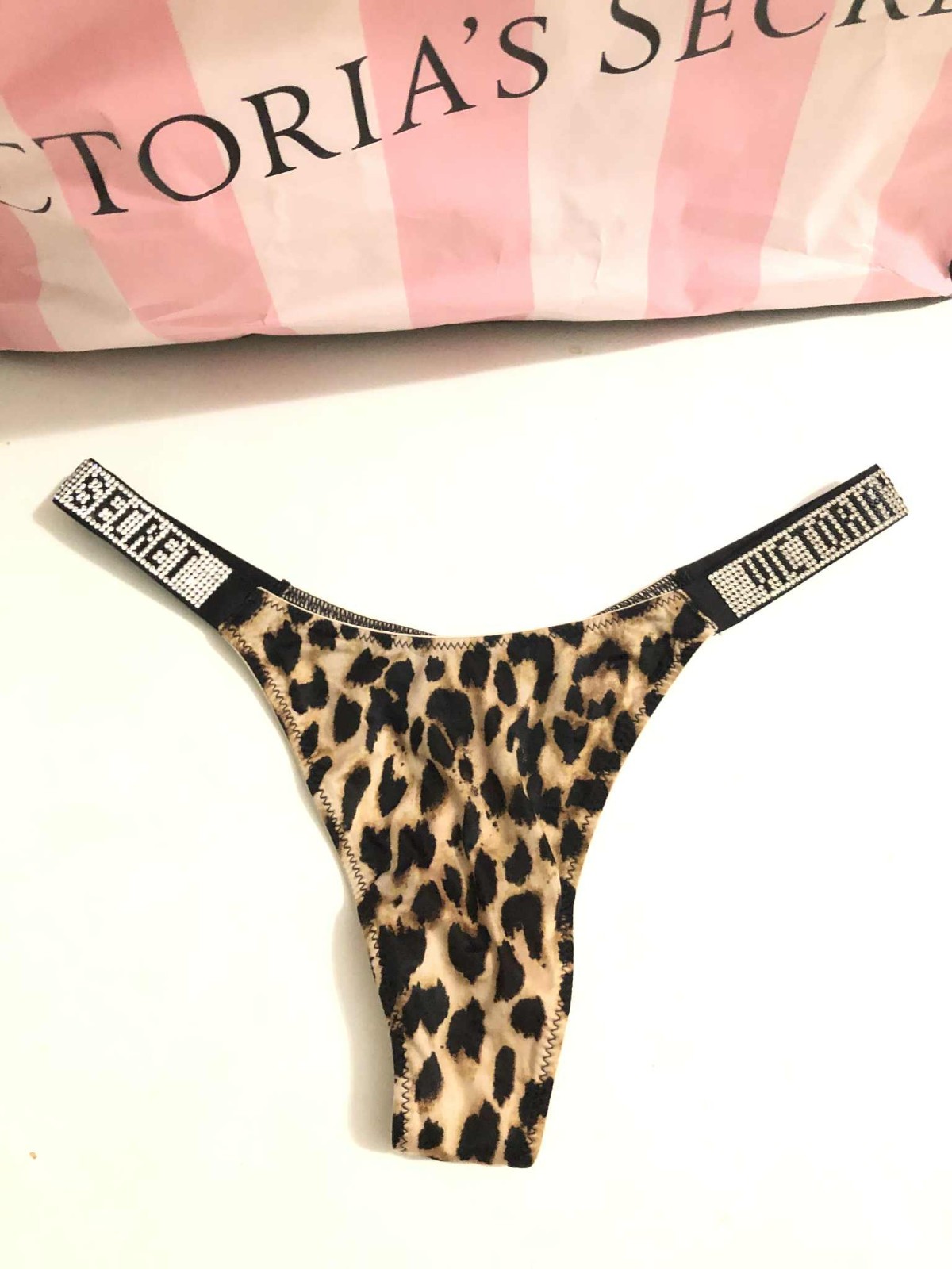 Victoria’s Secret Bombshell Shine Strap Logo Thong Panty Leopard NWT