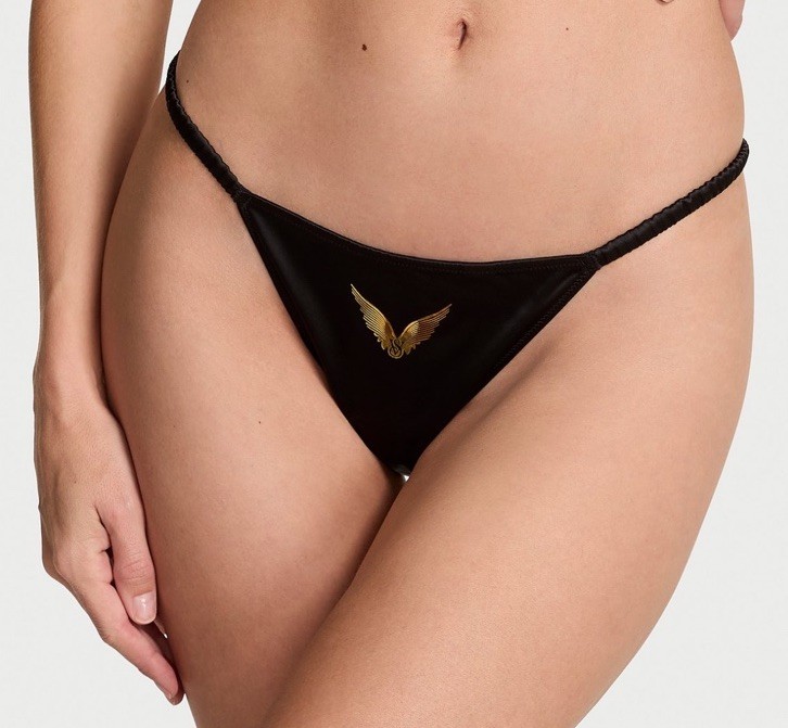 Victoria’s Secret Angel Wings Black & Gold Strappy Open Back Satin Panty Sz M