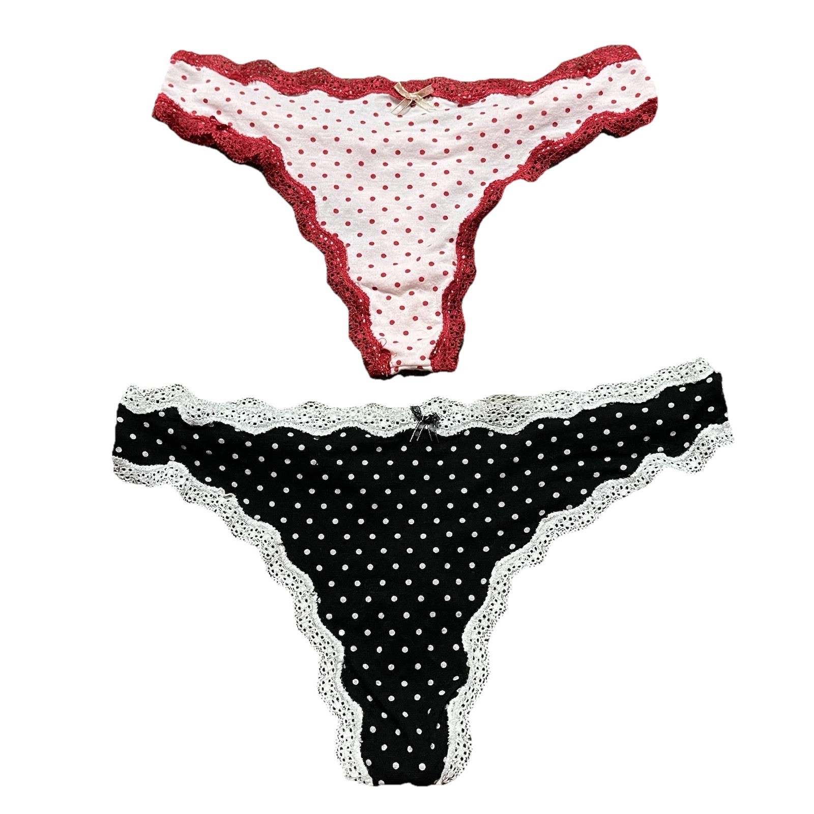 Victoria’s Secret Polka Dot Lace Trim Red Black White Bow Thong 2pc Size M 2009