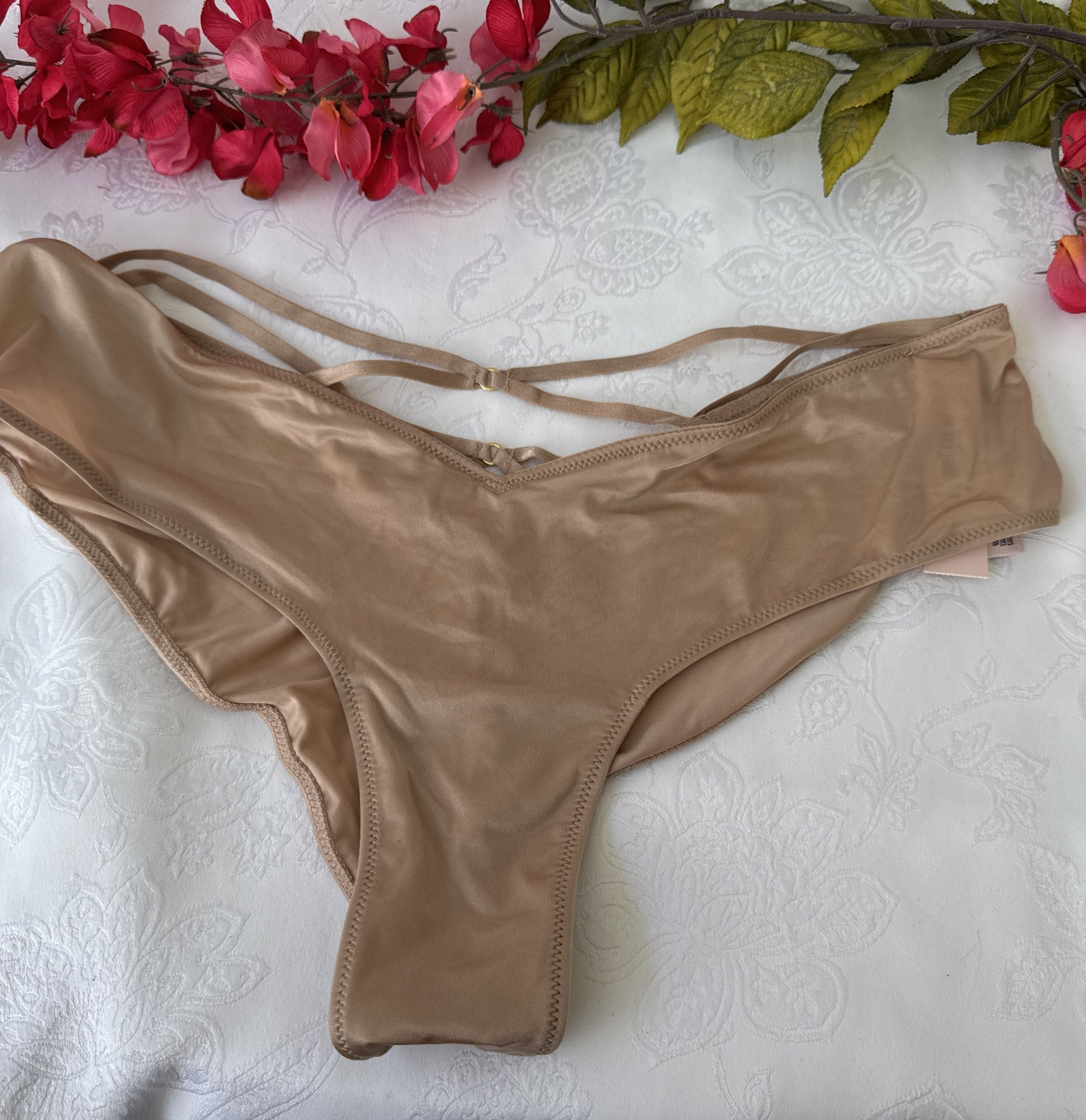 VICTORIA’S SECRET XL SILKY NUDE GOLD STRAPPY CUT OUT BACK CHEEKY PANTIES NWT