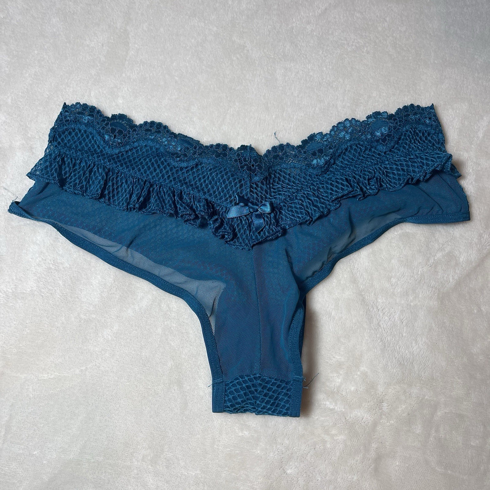 Victoria’s Secret Blue Solid Lace Mesh Cheeky Panty Sheer Bow Size S/P
