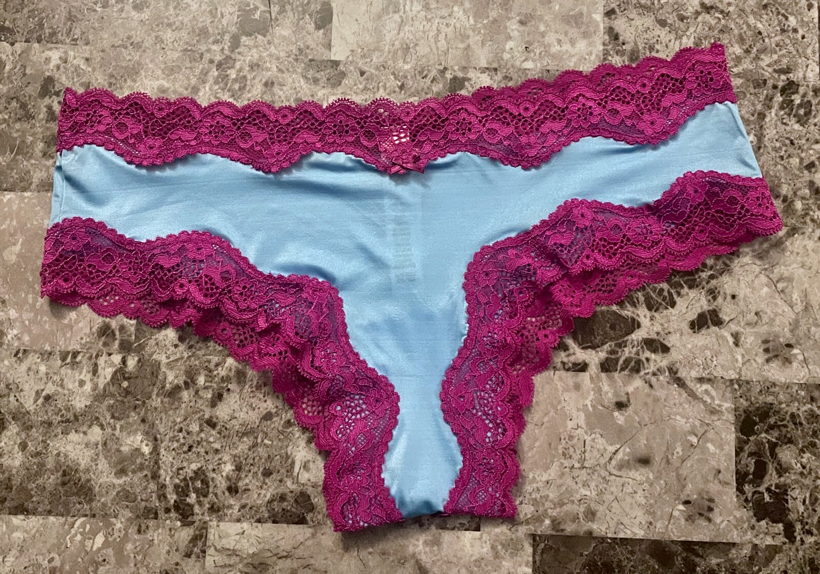 NWT VICTORIA’S SECRET TEASE BLUE SATIN SMOOTH FUSCHIA LACE BOW CHEEKY PANTIES