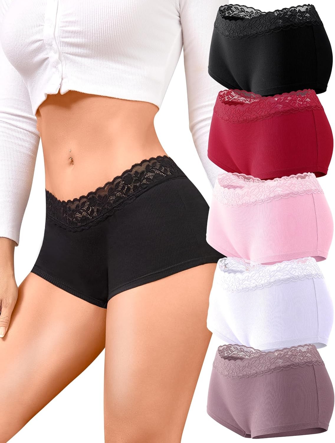 Cotton Underwear for Women Boy Shorts Lace Boxer Briefs Soft Full Coverage