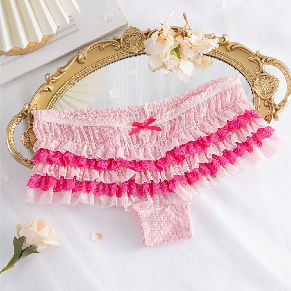 Soft Low Waist Briefs for Women with Mesh Fabric Bow Front and Ruffled Hemline