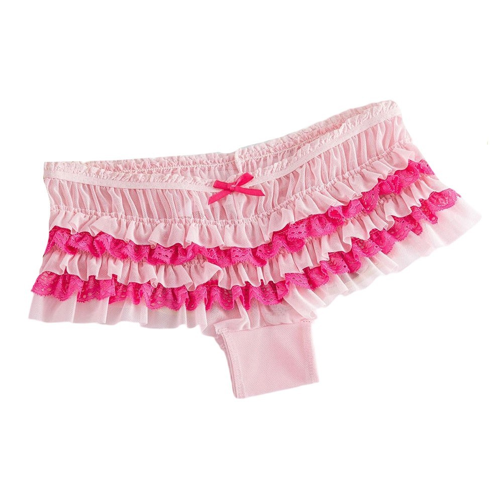 Soft Low Waist Briefs for Women with Mesh Fabric Bow Front and Ruffled Hemline