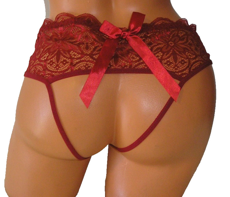 Panties Lingerie Red Wine Lace Bow Detail Open Back Crotchless, XL Adult Gift