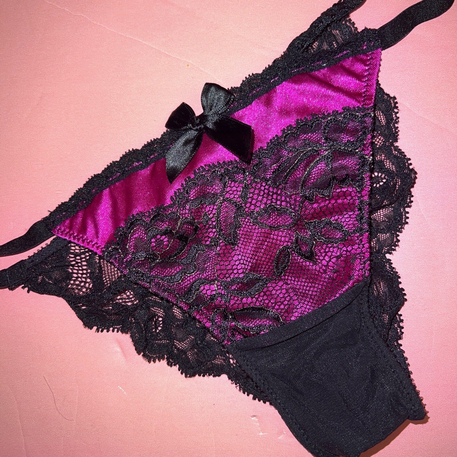 Victoria’s Secret S Panty Satin Magenta Pink Black lace Gold VERY SEXY SEDUCTION