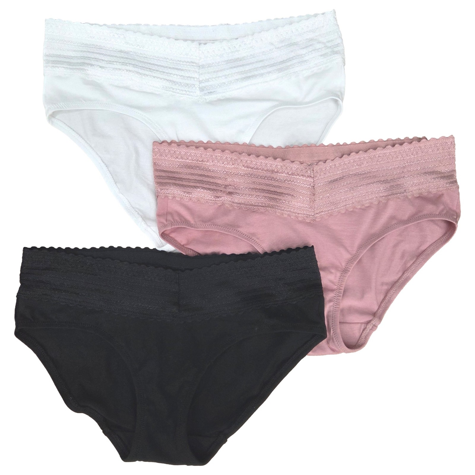 Warners Womens 3pc Dig-Free Cotton & Lace Hipster Panty Set Black & Pink