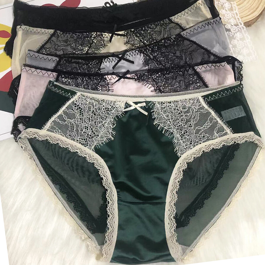 Pack Of 5 Womens Sexy Lace Nylon Satin Panties Briefs Underwear Sheer Lingeries
