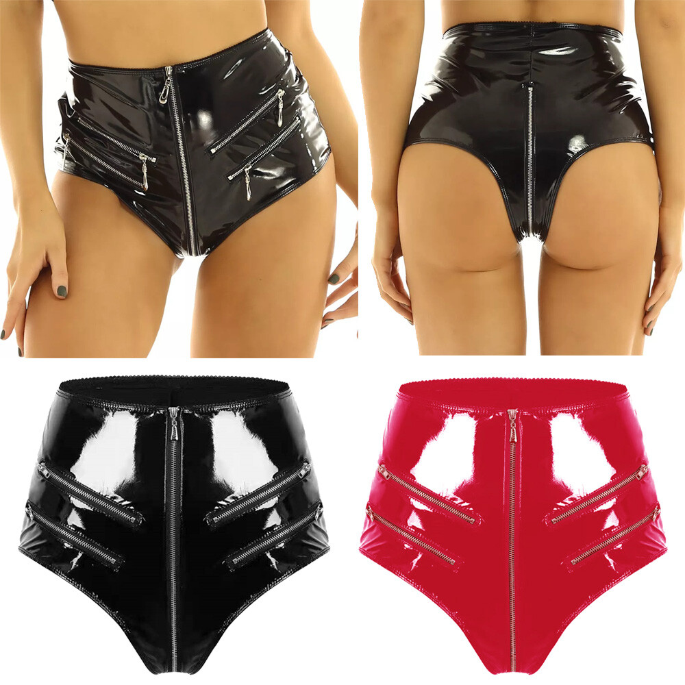 Women’s Sexy PVC Leather Panties Latex Lingerie High Waist Zip Crotch Underwear