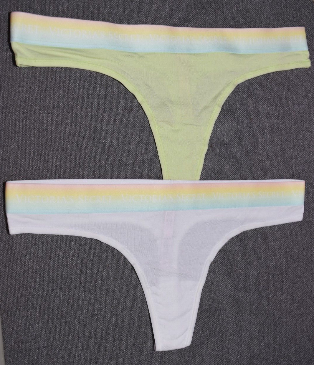 2 New Victoria’s Secret White Green Logo Thong Panty Lot M Multicolor Waistband