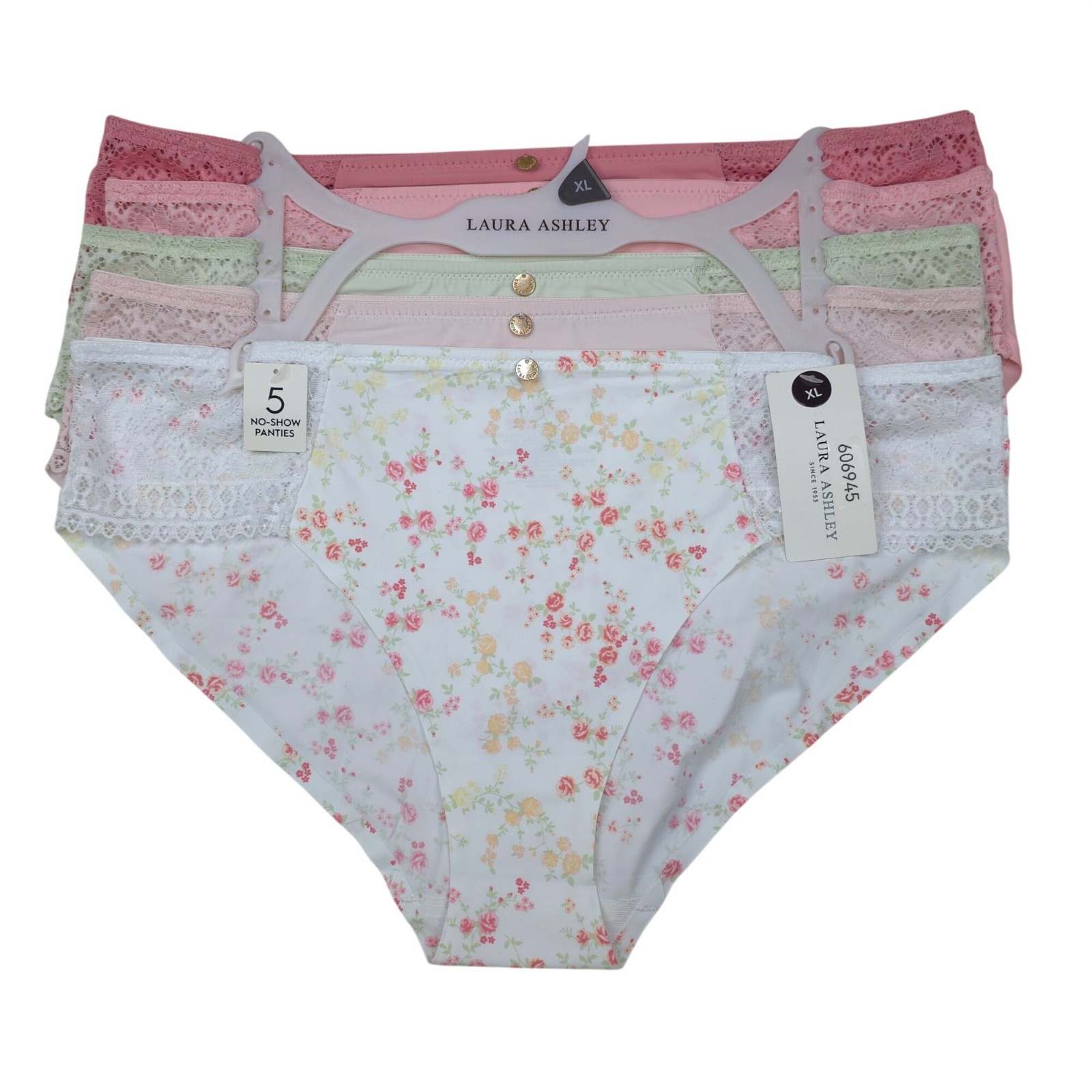 Laura Ashley 5-Pack Womens No-Show Panties XL Lace Accents Soft Pink Green