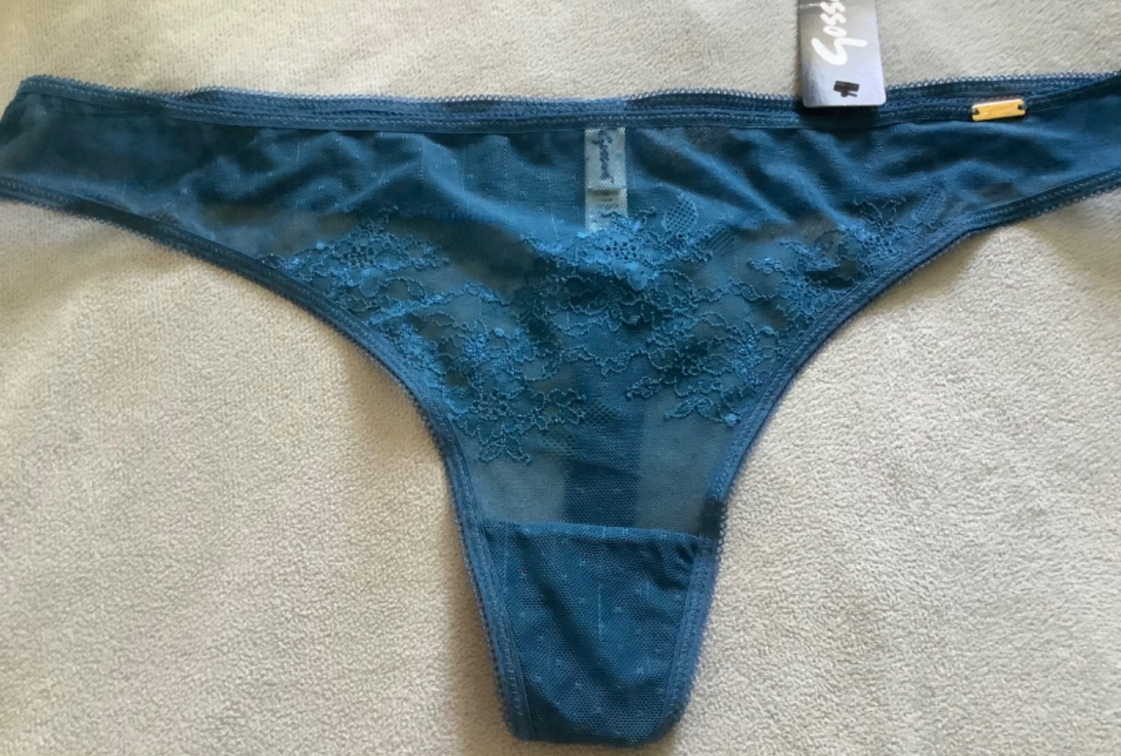 Gossard Glossies – Teal Blue Mesh & Lace Thong Size XL – BNWT