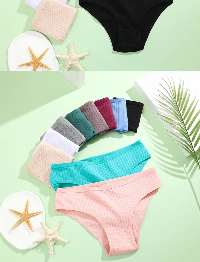 4PCS/SET Women’s Cotton Panties Sexy Soft Striped Underpants 12 Solid Color
