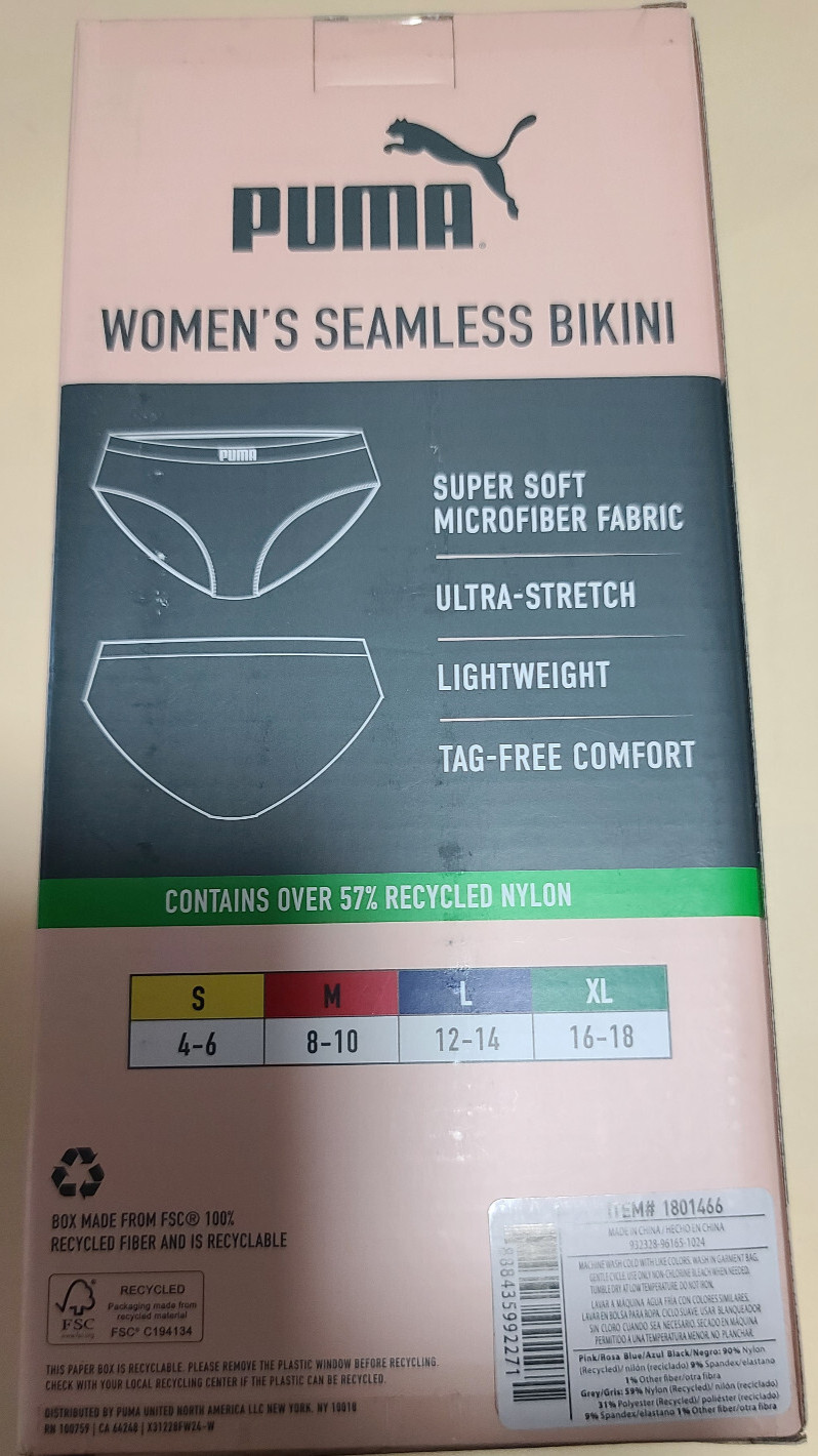 New 4 Pack PUMA Ladies’ Seamless Bikini Blue Black Pink Gray Size XL