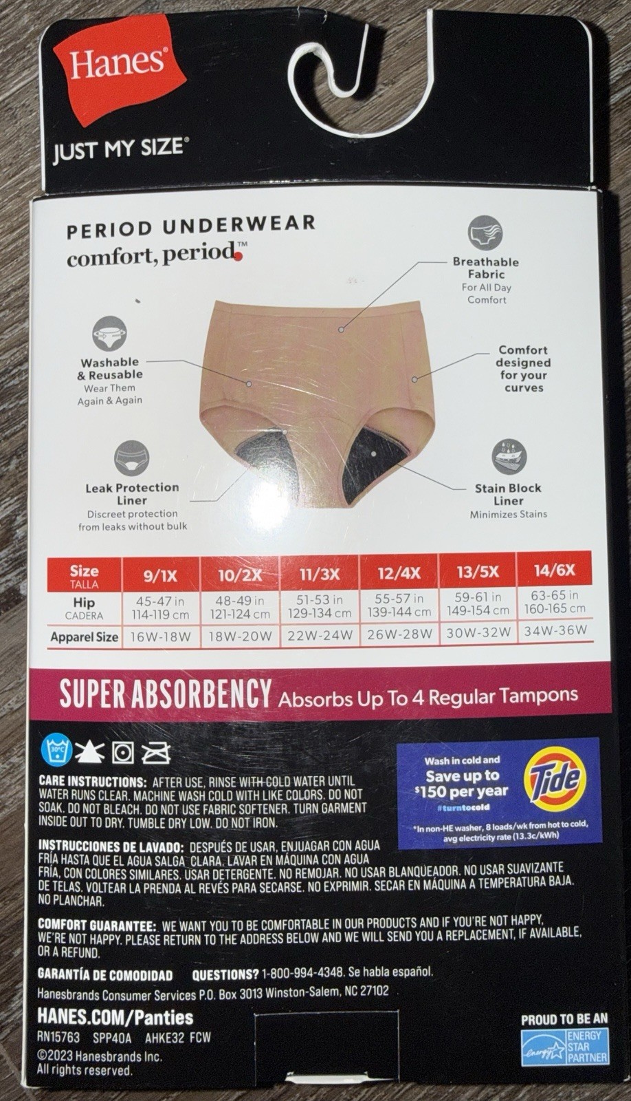 Just My Size Womens Period Brief Underwear 2-Pack Super Leak Protection 6X/14
