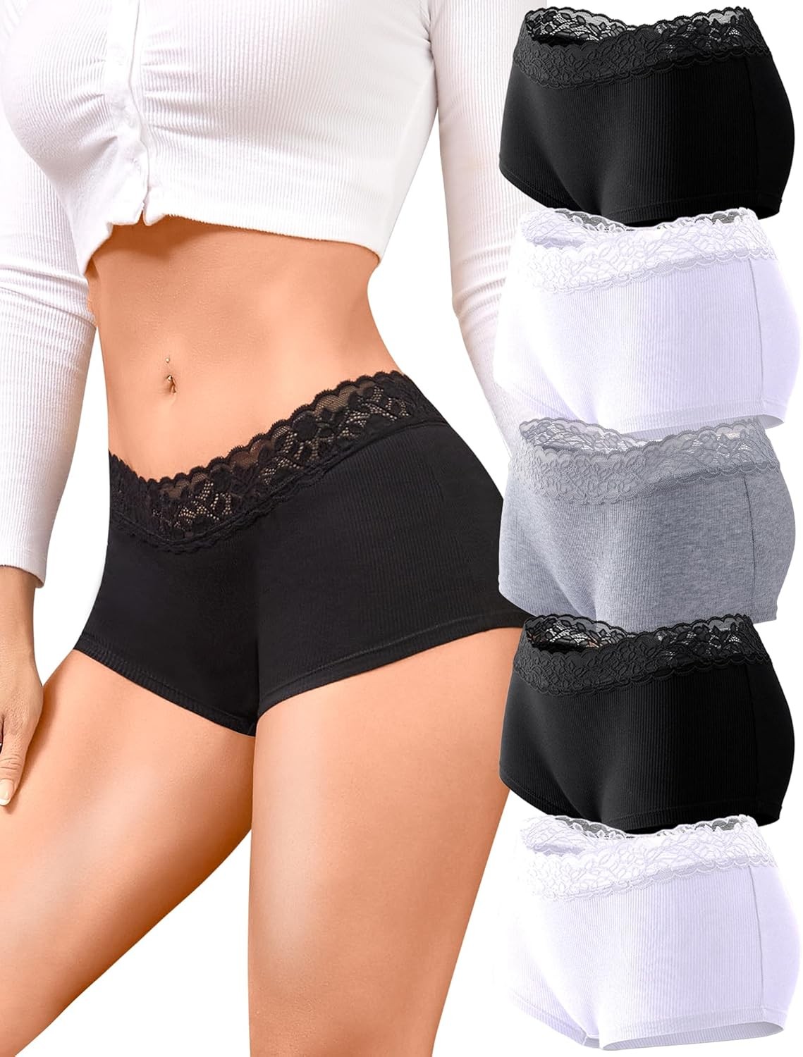 Cotton Underwear for Women Boy Shorts Lace Boxer Briefs Soft Full Coverage