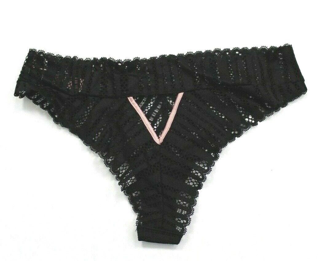 Victoria’s Secret Geometric Lace Sheer Cutout Tanga Cheeky Panty Size M Black