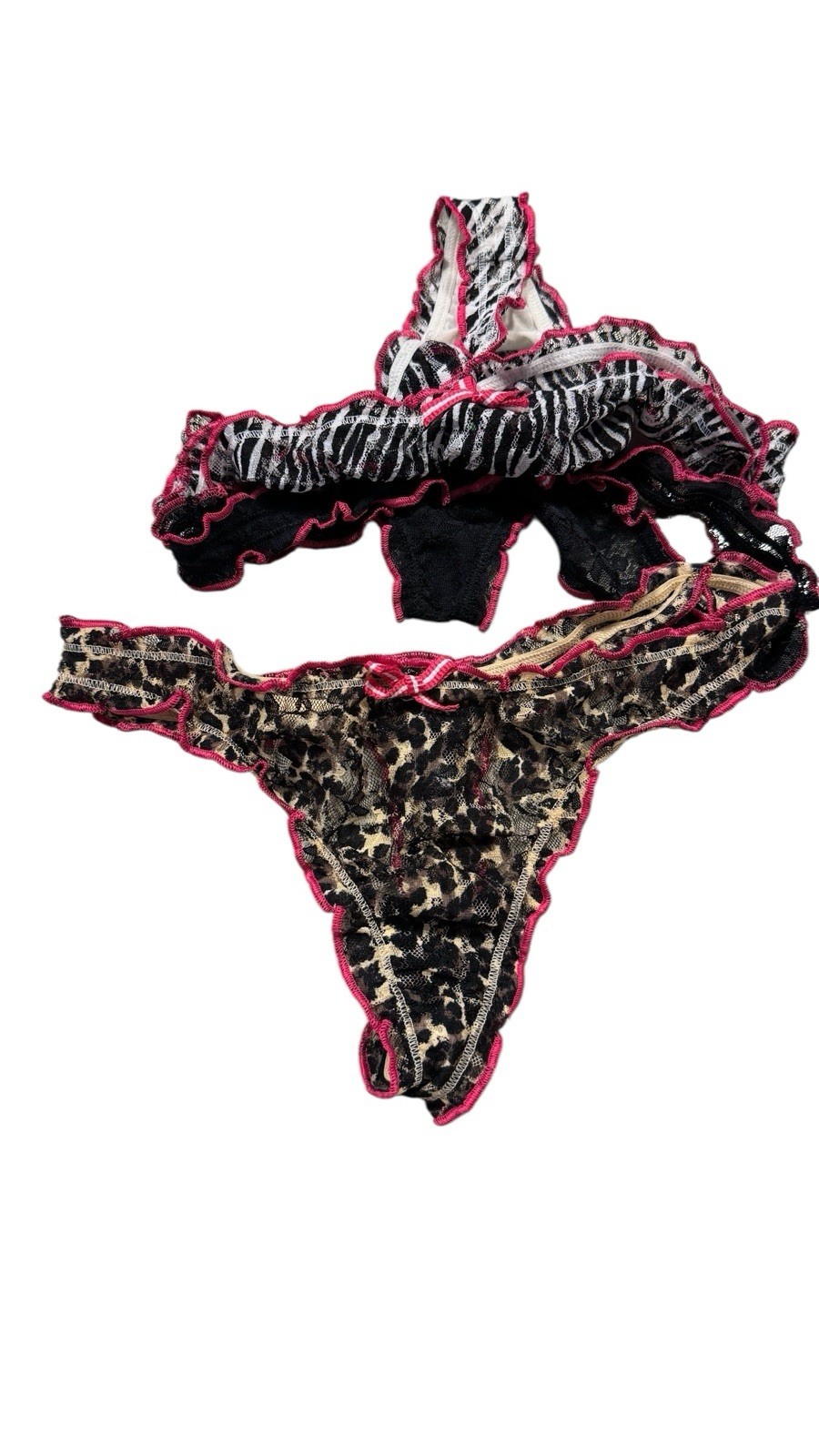 St. Eve Ruffle Edge Thong 3pk Black, Zebra, Leopard Print. M