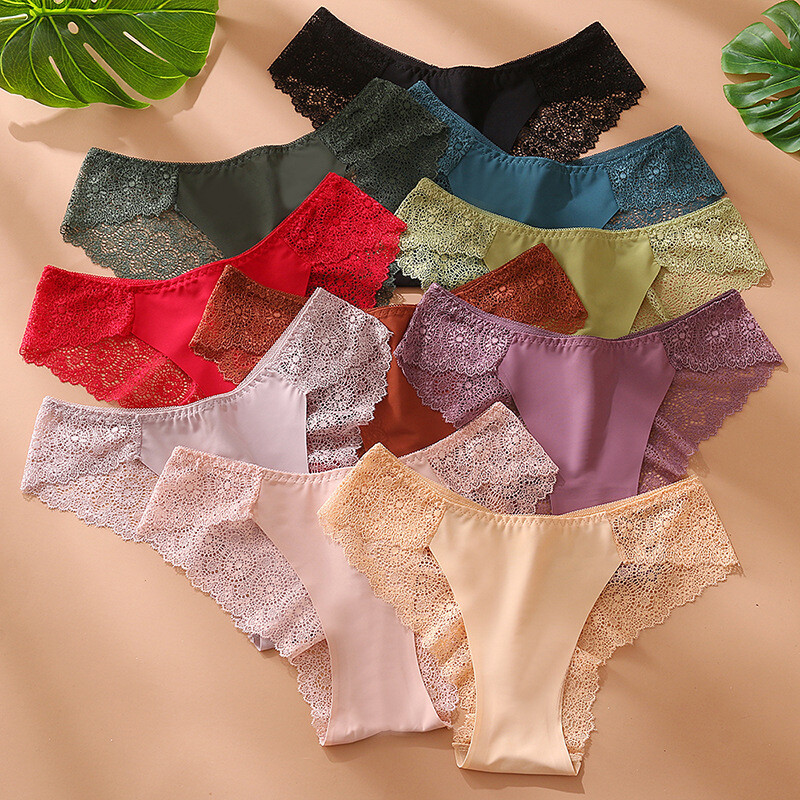 5 Pack Lot Sexy Womens Ice Silky Seamless Panties Lace Briefs Lingerie Underwear