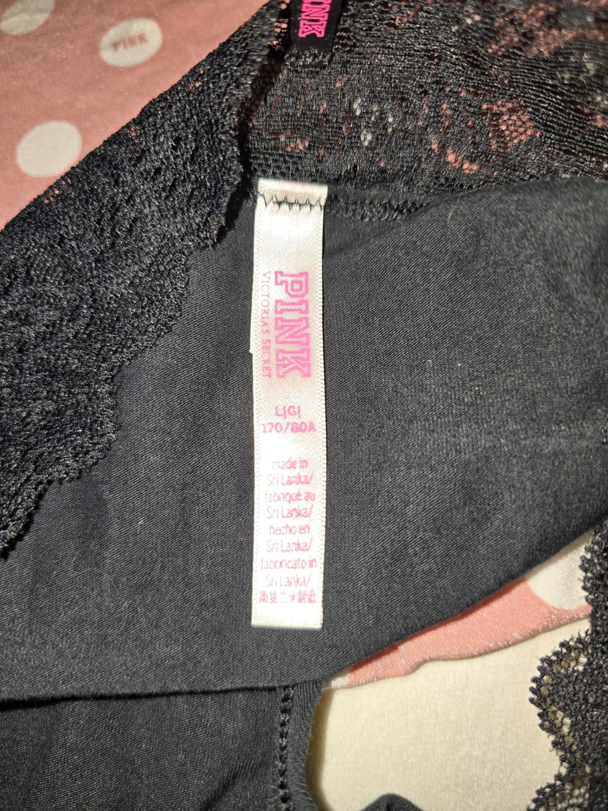 2 Pair Victoria’s Secret Pink Pantys Women’s Size L Black Lace & Pink Polkadots