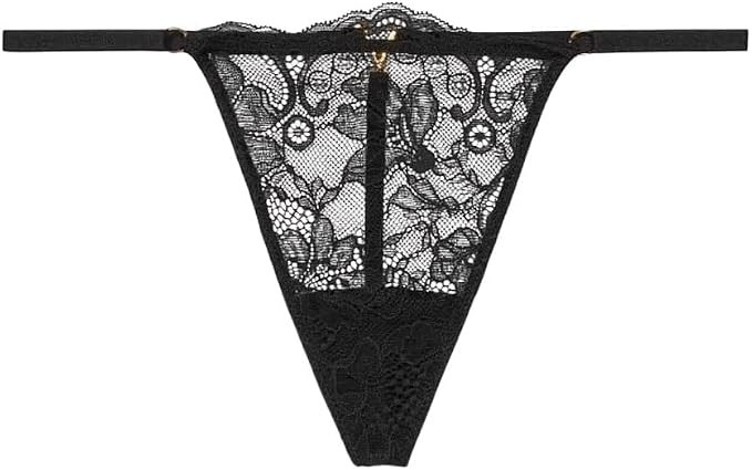 Victoria’s Secret NEW Black Lace VString Thong Gold Accent Sheer Floral XL Women