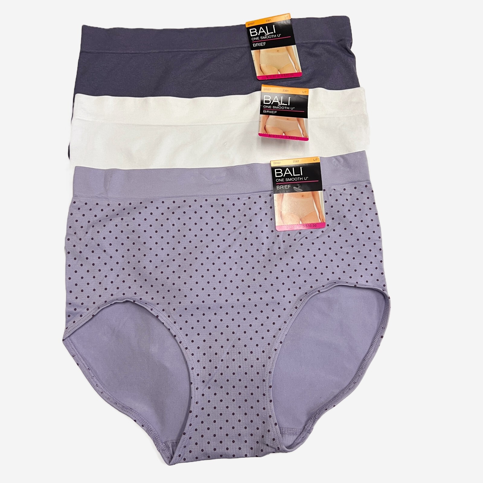 Bali One Smooth U Brief Panty L Size 7 LARGE NWT 2361 Underwear 3 PACK Panties